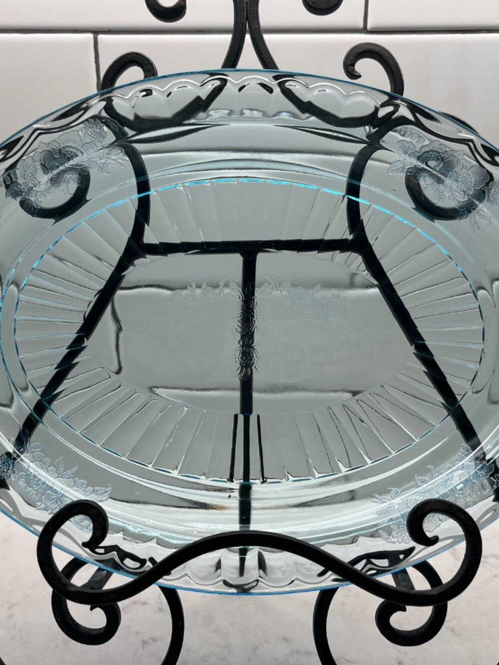 Anchor Hocking 1930's Mayfair “Open Rose” Ice Blue, Open Handled Oval Platter